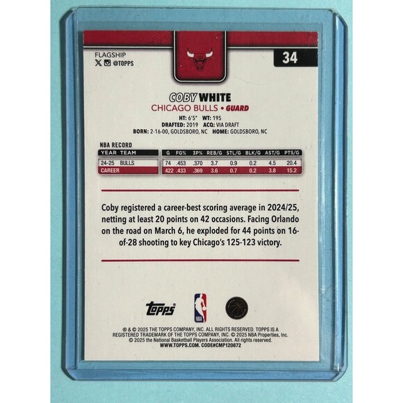 2025-26 Topps Flagship Basketball -Bulls Coby White #34 Wood ser. #11/25 - Picture 4 of 4
